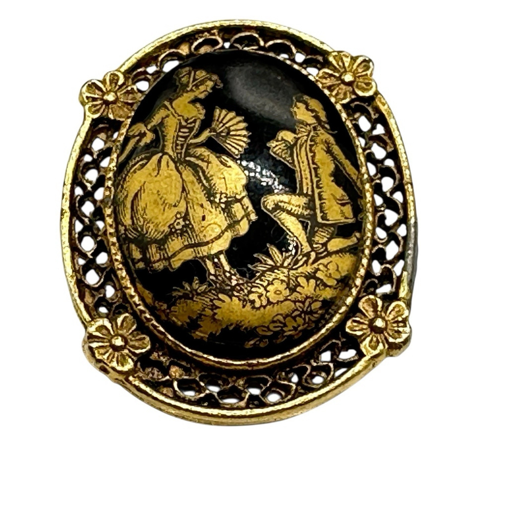Vintage Florenza Victorian Revival Cameo Pin Brooch Courting Couple Black Gold